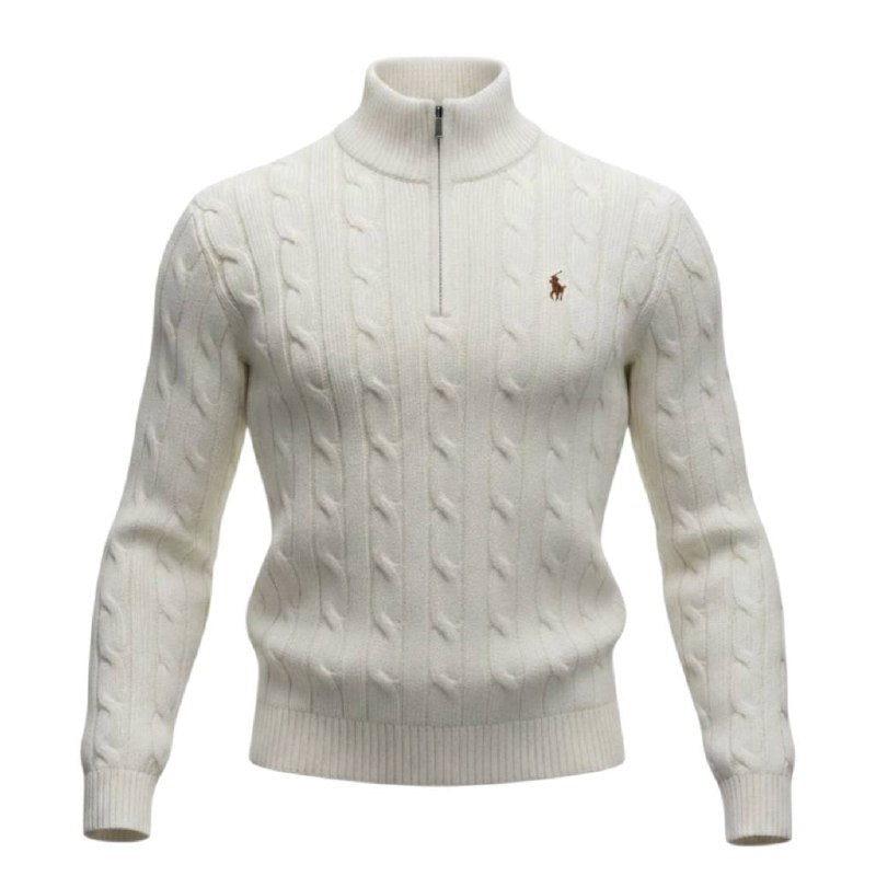 Suéter Trançado Ralph Lauren Masculino Com Zipper Creme Pony Marrom