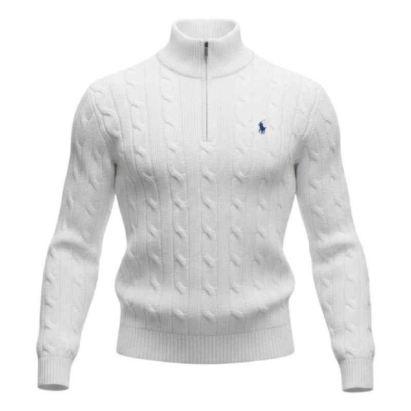 Suéter Trançado Ralph Lauren Masculino Com Zipper Branco Pony Marinho