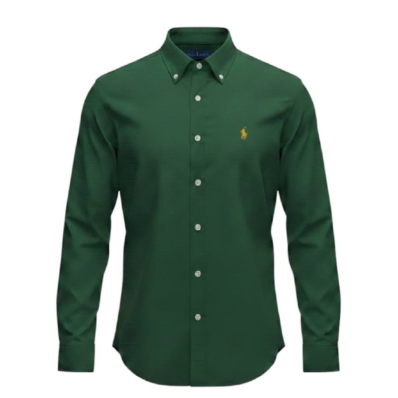 Camisa Ralph Lauren Masculina Oxford Seda Verde Floresta Pony Dourado