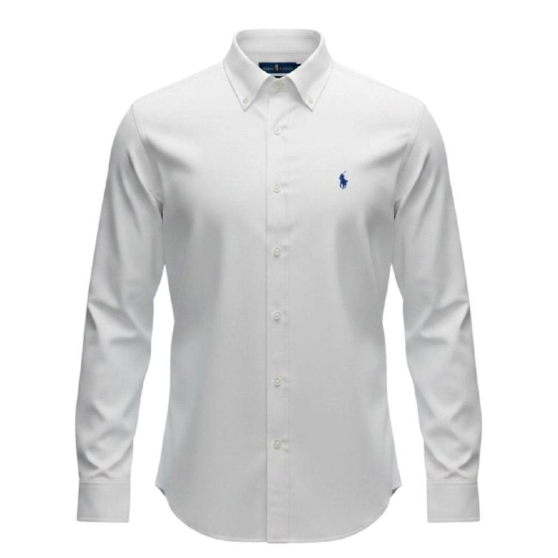 Camisa Ralph Lauren Masculina Oxford Seda Branca Pony Marinho