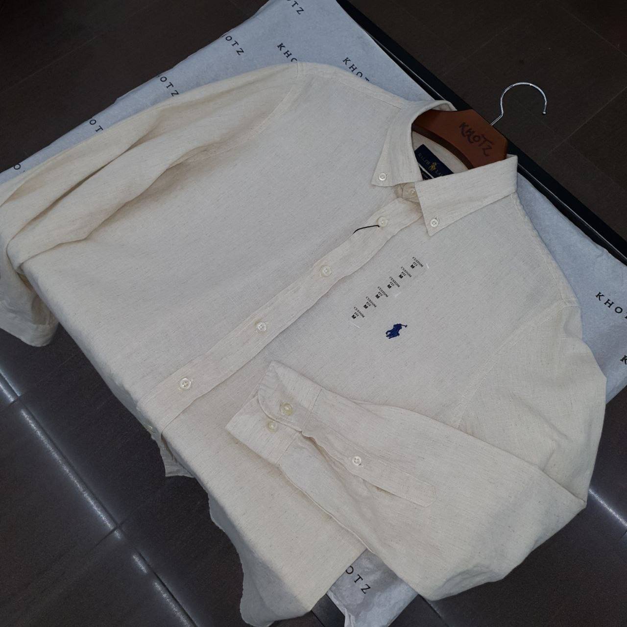 Camisa Ralph Lauren Masculina Linho cor Bege Natural Pony Marinho