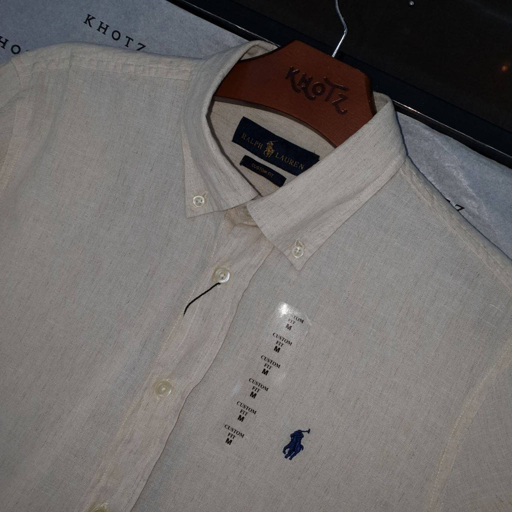 Camisa Ralph Lauren Masculina Linho cor Bege Natural Pony Marinho