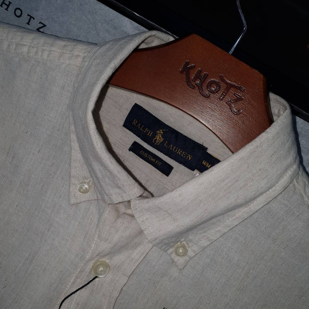 Camisa Ralph Lauren Masculina Linho cor Bege Natural Pony Marinho