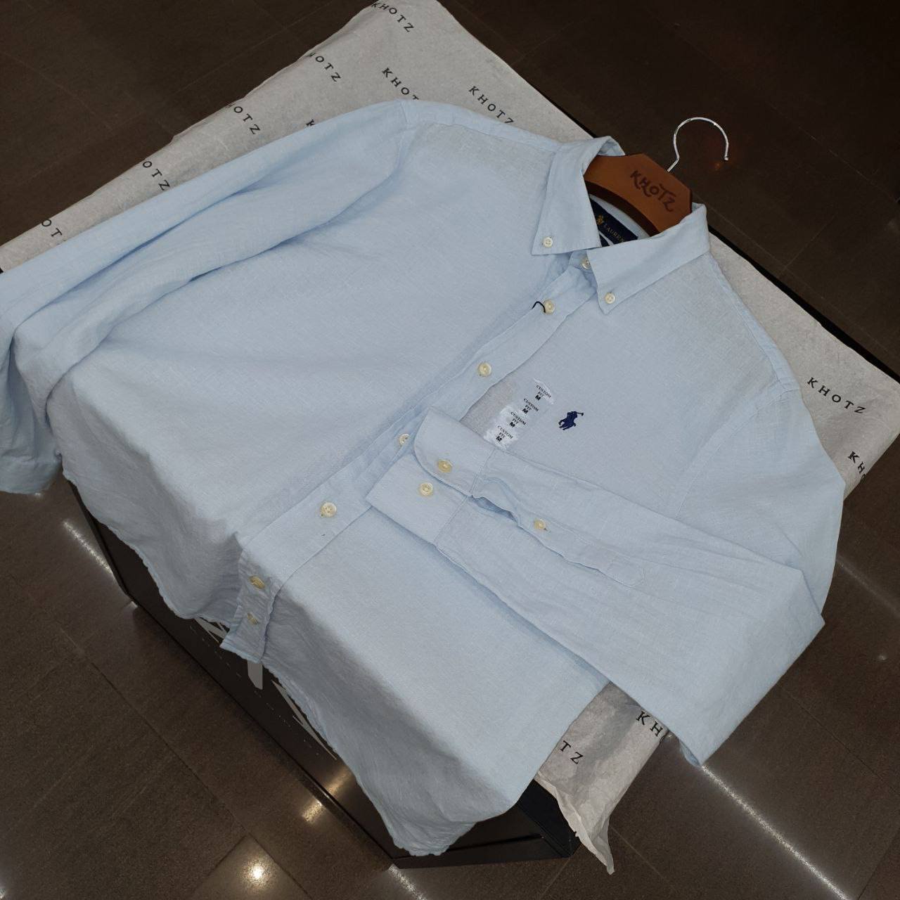Camisa Ralph Lauren Masculina Linho cor Azul Bebê Pony Azul