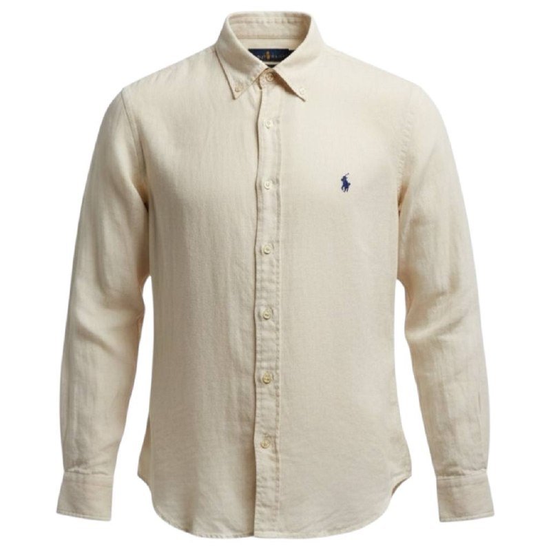 Camisa Ralph Lauren Masculina Linho cor Bege Natural Pony Marinho