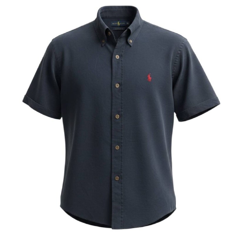 Camisa Ralph Lauren Masculina Oxford Manga Curta Azul Marinho Pony Vermelho
