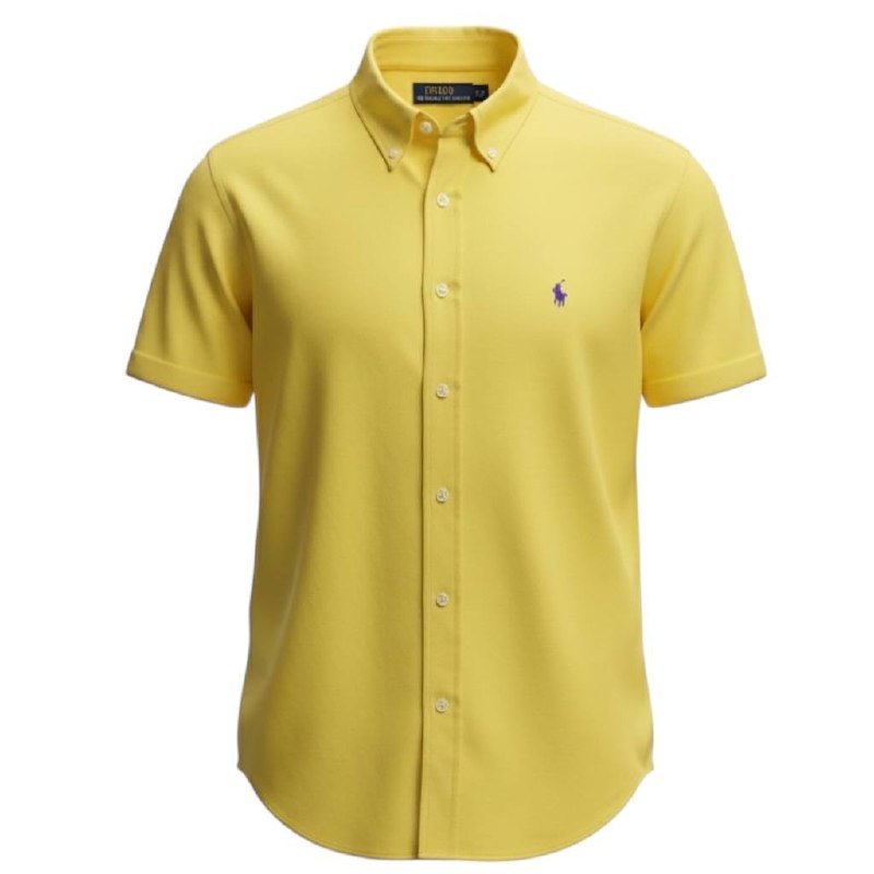 Camisa Ralph Lauren Masculina Oxford Manga Curta Amarela Pony Roxo
