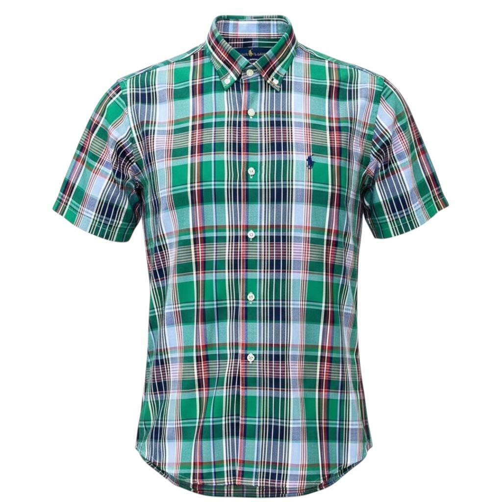 Camisa Ralph Lauren Masculina Manga Curta Xadrez Verde Americano Pony Marinho