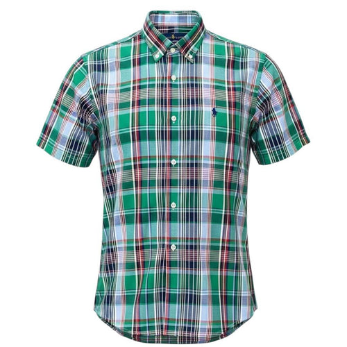Camisa Ralph Lauren Masculina Manga Curta Xadrez Verde Americano Pony Marinho