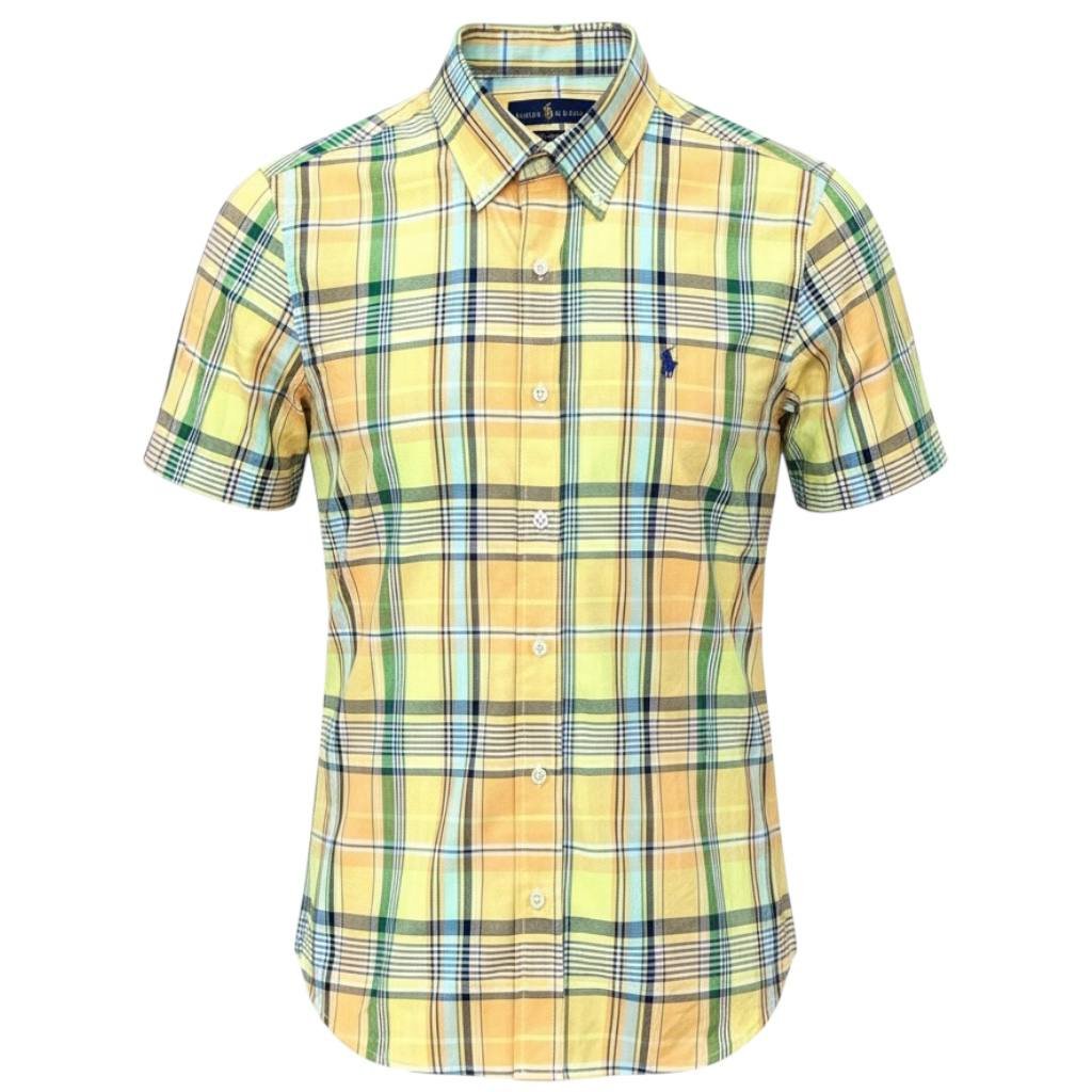 Camisa Ralph Lauren Masculina Manga Curta Xadrez Amarelo Americano Pony Marinho