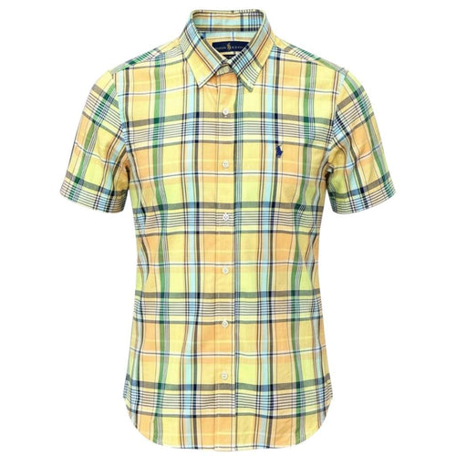 Camisa Ralph Lauren Masculina Manga Curta Xadrez Amarelo Americano Pony Marinho