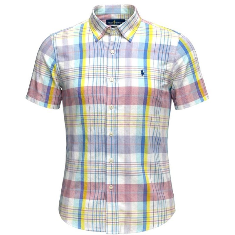 Camisa Ralph Lauren Masculina Manga Curta Xadrez Rosa Americano Pony Marinho