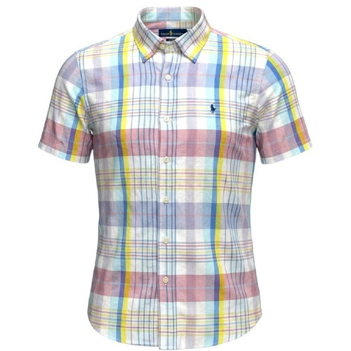 Camisa Ralph Lauren Masculina Manga Curta Xadrez Rosa Americano Pony Marinho