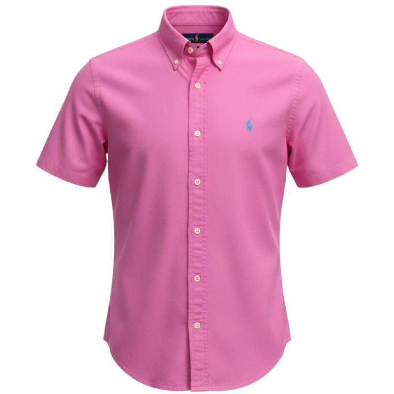Camisa Ralph Lauren Masculina Oxford Manga Curta Rosa Pink Pony Azul Celeste