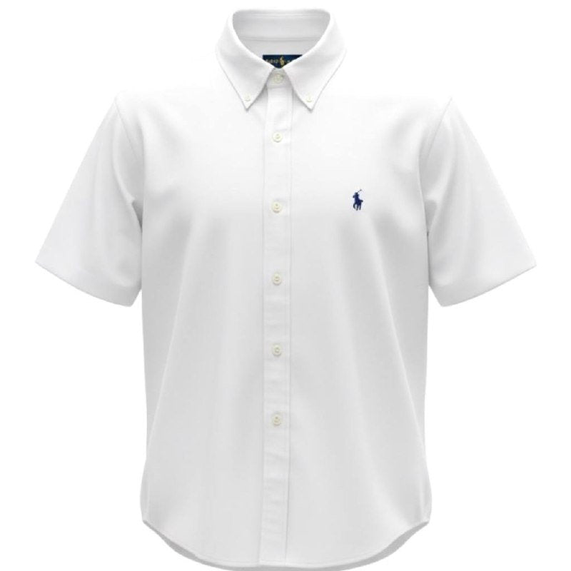 Camisa Ralph Lauren Masculina Oxford Manga Curta Branca Pony Marinho
