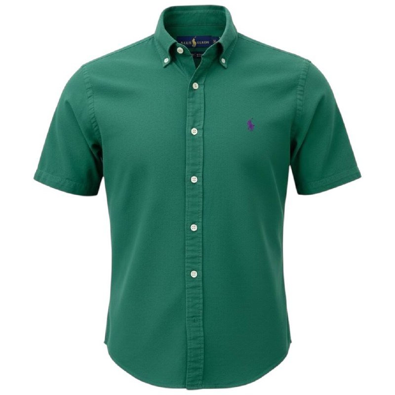Camisa Ralph Lauren Masculina Oxford Manga Curta Verde Floresta Pony Bordô
