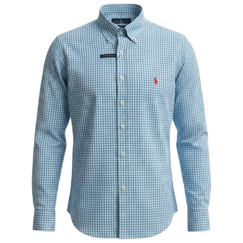 Camisa Ralph Lauren Masculina Xadrez Azul Oceano Pony Vermelho