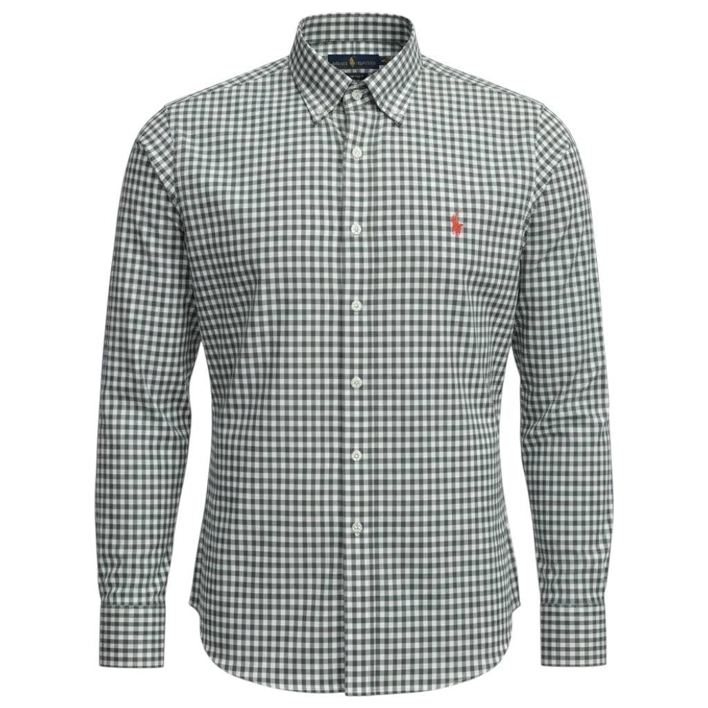 Camisa Ralph Lauren Masculina Xadrez Cinzento Pony Laranja