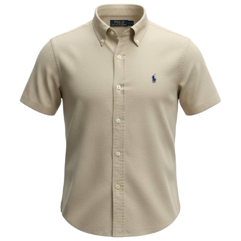 Camisa Ralph Lauren Masculina Oxford Manga Curta Bege Pony Marinho