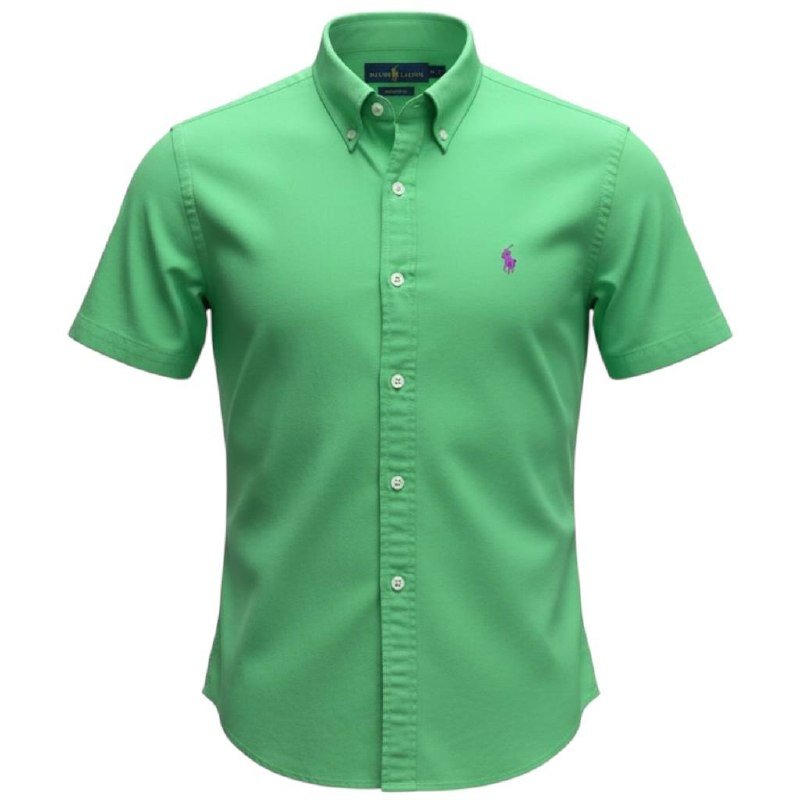 Camisa Ralph Lauren Masculina Oxford Manga Curta Verde Esmeralda Pony Rosa