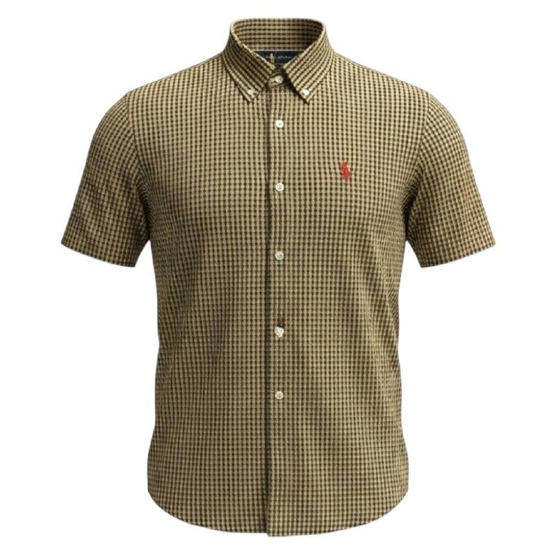 Camisa Ralph Lauren Masculina Manga Curta Micro Xadrez Mostarda Pony Vermelho