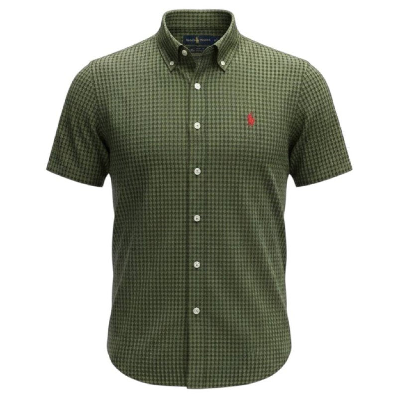 Camisa Ralph Lauren Masculina Manga Curta Micro Xadrez Verde Eucalipto Pony Vermelho