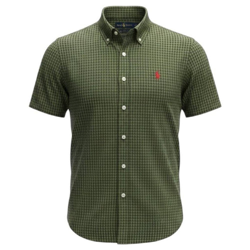 Camisa Ralph Lauren Masculina Manga Curta Micro Xadrez Verde Eucalipto Pony Vermelho