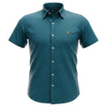 Camisa Ralph Lauren Masculina Manga Curta Micro Xadrez Azul Oceano Pony Laranja