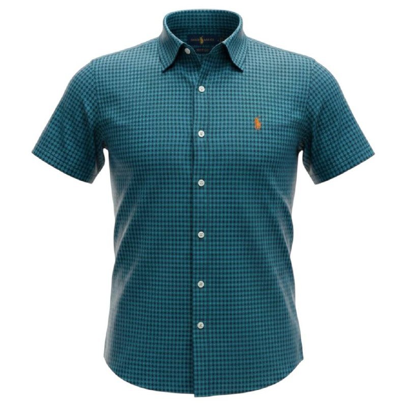 Camisa Ralph Lauren Masculina Manga Curta Micro Xadrez Azul Oceano Pony Laranja