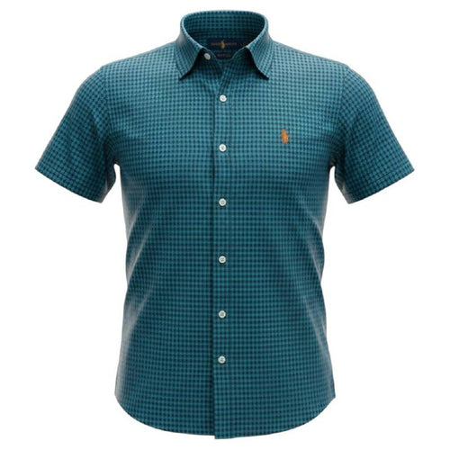 Camisa Ralph Lauren Masculina Manga Curta Micro Xadrez Azul Oceano Pony Laranja