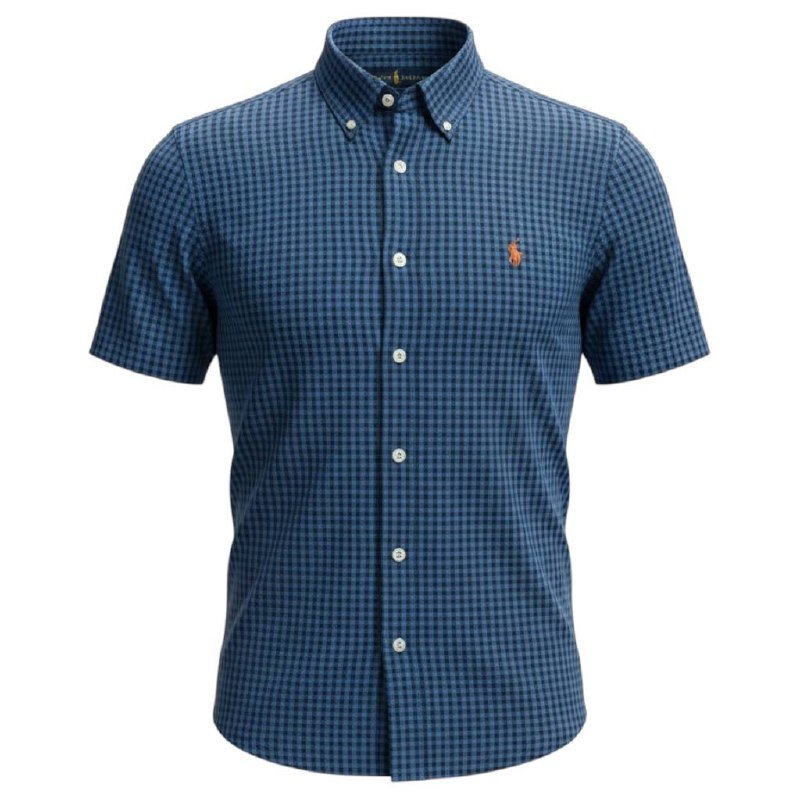 Camisa Ralph Lauren Masculina Manga Curta Micro Xadrez Azul Royal Pony Laranja
