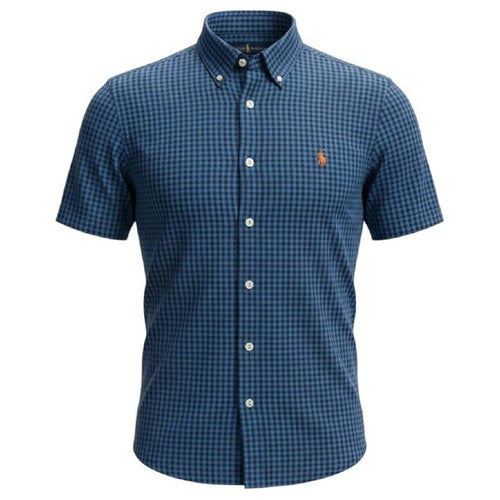 Camisa Ralph Lauren Masculina Manga Curta Micro Xadrez Azul Royal Pony Laranja