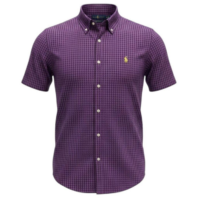 Camisa Ralph Lauren Masculina Manga Curta Micro Xadrez Roxo Pony Amarelo