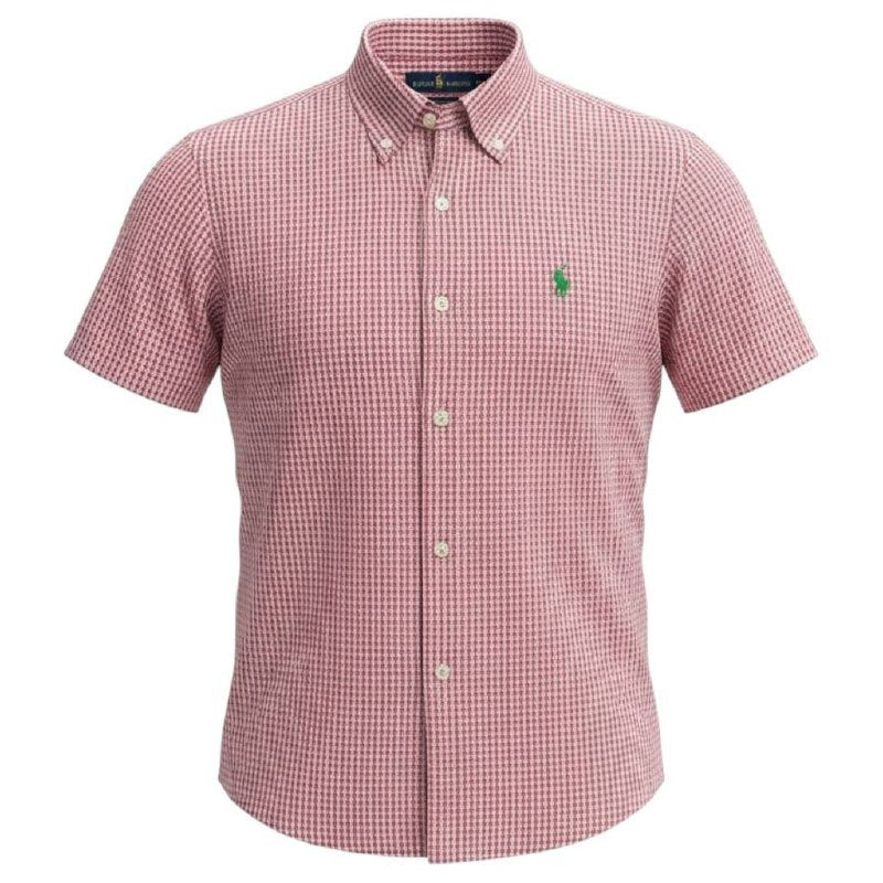Camisa Ralph Lauren Masculina Manga Curta Micro Xadrez Cereja Pony Verde