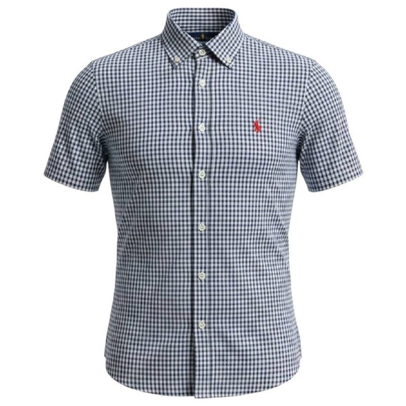 Camisa Ralph Lauren Masculina Manga Curta Xadrez Azul Petróleo Pony Vermelho