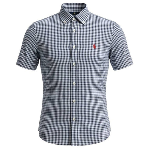 Camisa Ralph Lauren Masculina Manga Curta Xadrez Azul Petróleo Pony Vermelho