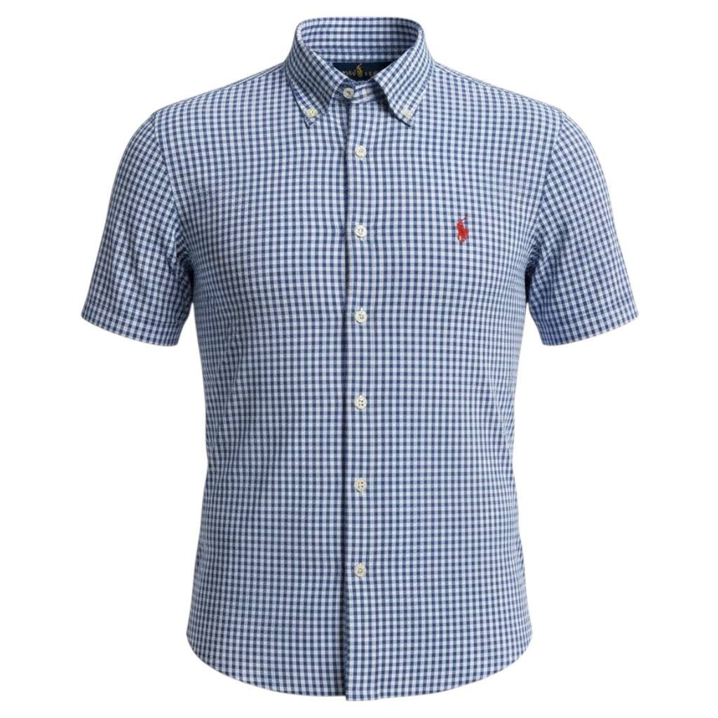Camisa Ralph Lauren Masculina Manga Curta Xadrez Azul Pony Vermelho