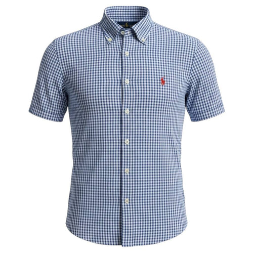 Camisa Ralph Lauren Masculina Manga Curta Xadrez Azul Pony Vermelho