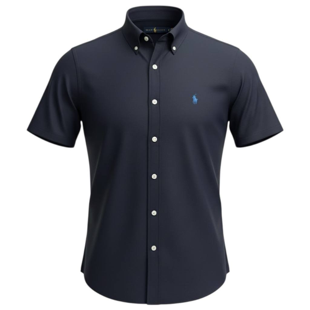 Camisa Ralph Lauren Masculina Seda Manga Curta Petróleo Pony Azul