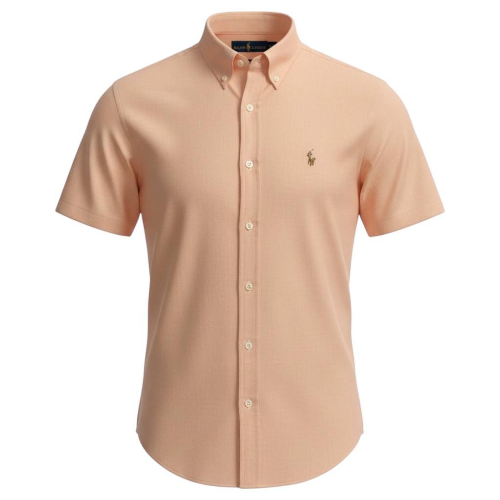 Camisa Ralph Lauren Masculina Oxford Manga Curta Abóbora Pony Colorido