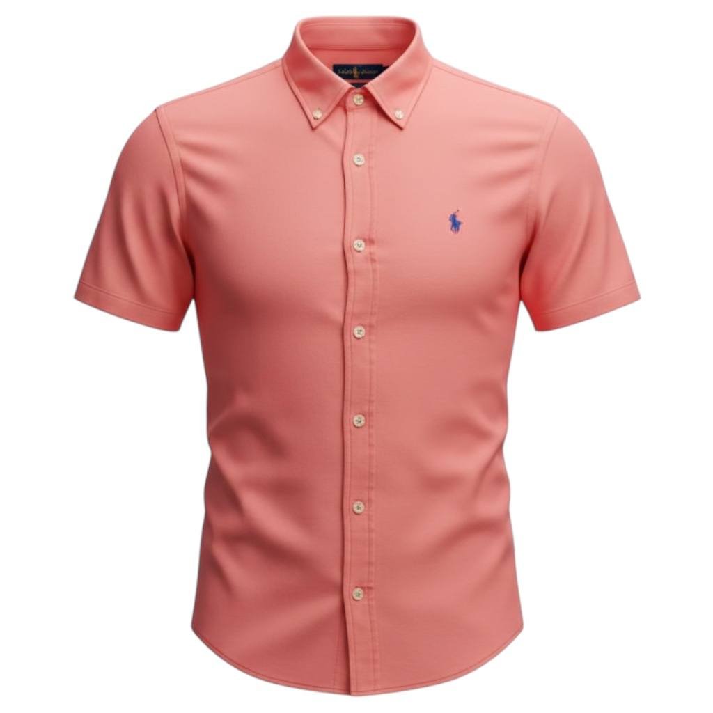 Camisa Ralph Lauren Masculina Oxford Manga Curta Salmão Pony Azul