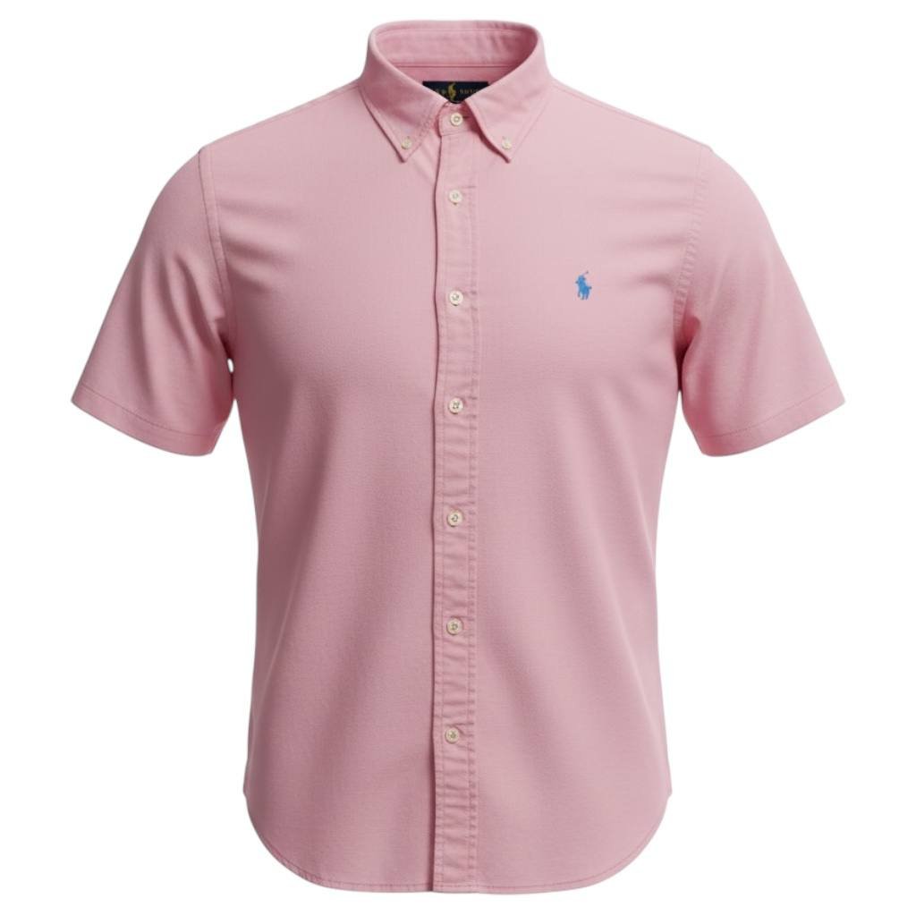 Camisa Ralph Lauren Masculina Oxford Manga Curta Rosa Bebê Pony Azul