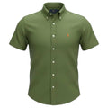 Camisa Ralph Lauren Masculina Oxford Manga Curta Verde Musgo Pony Laranja