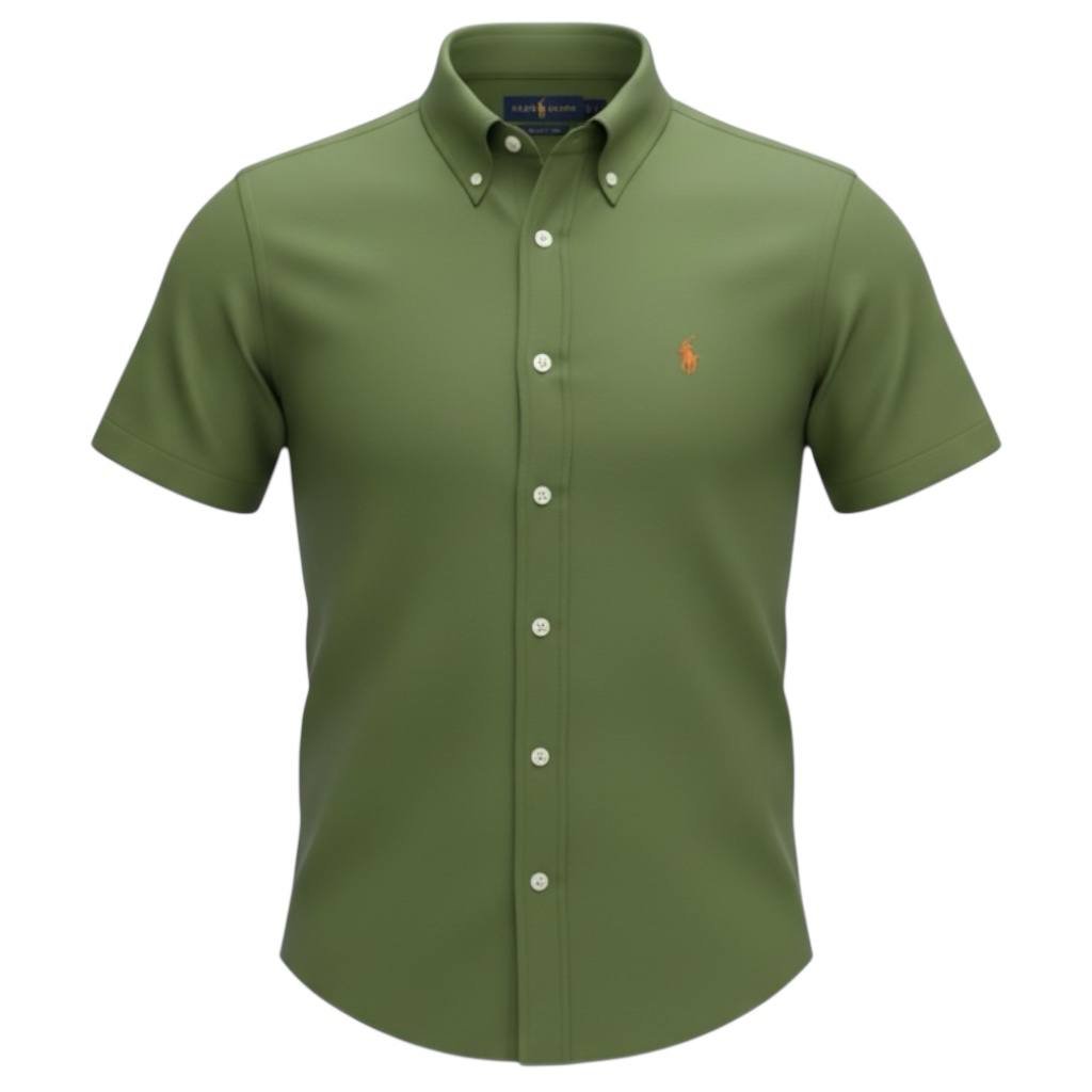 Camisa Ralph Lauren Masculina Oxford Manga Curta Verde Musgo Pony Laranja