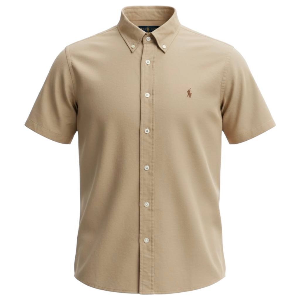 Camisa Ralph Lauren Masculina Oxford Manga Curta Café Pony Chocolate