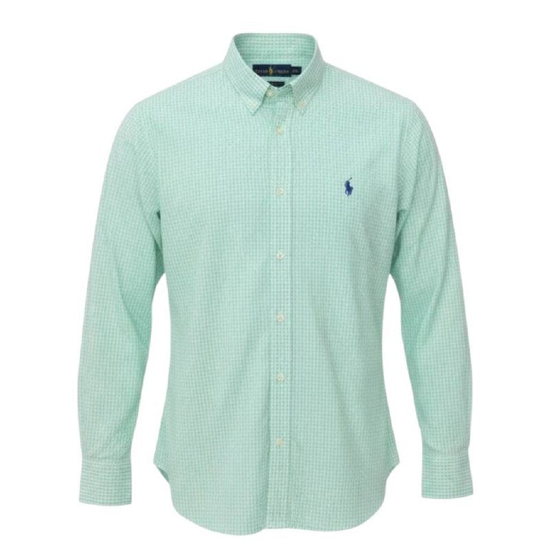 Camisa Ralph Lauren Masculina Micro Xadrez Verde Água Pony Azul