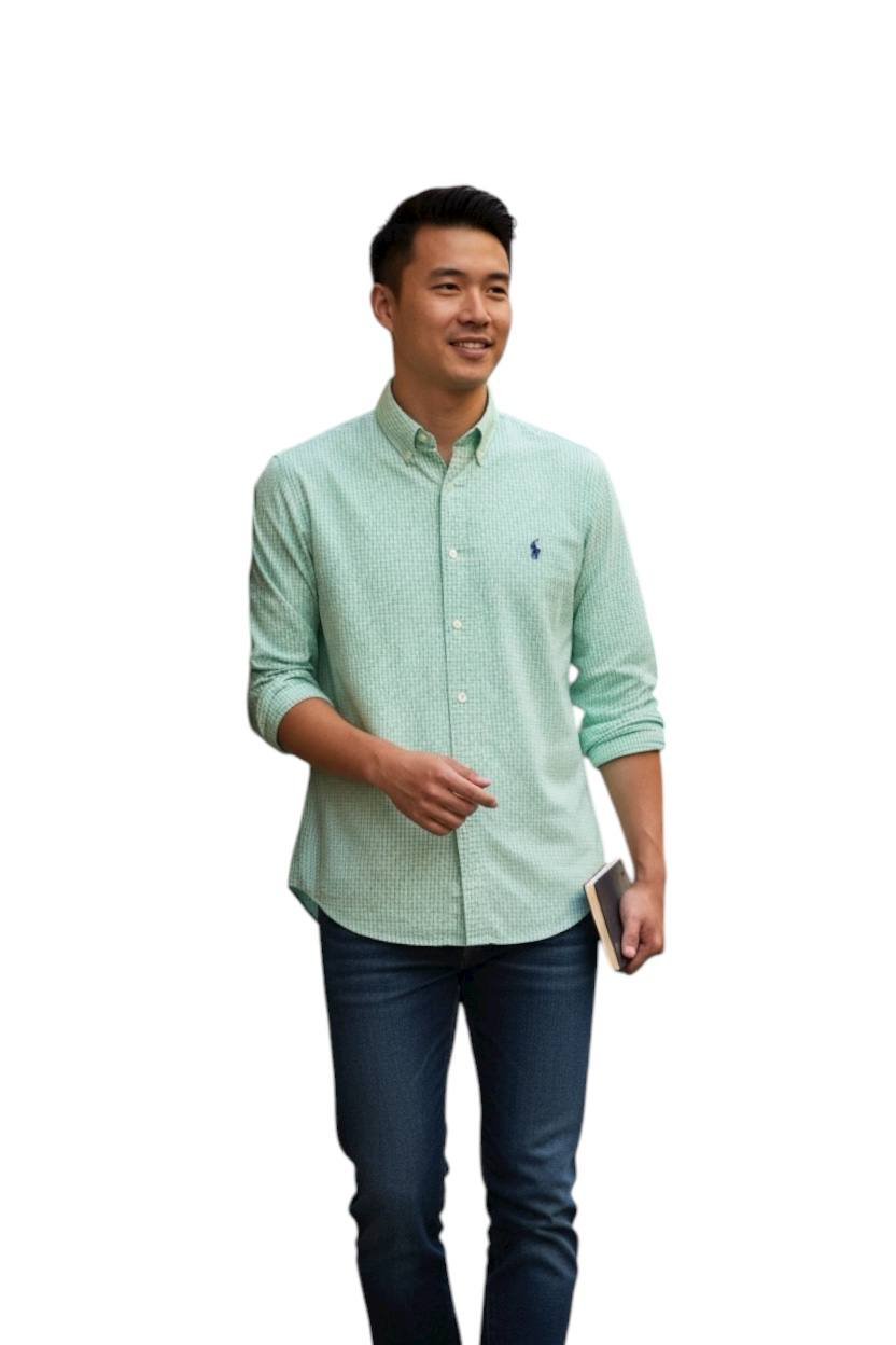 Camisa Ralph Lauren Masculina Micro Xadrez Verde Água Pony Azul