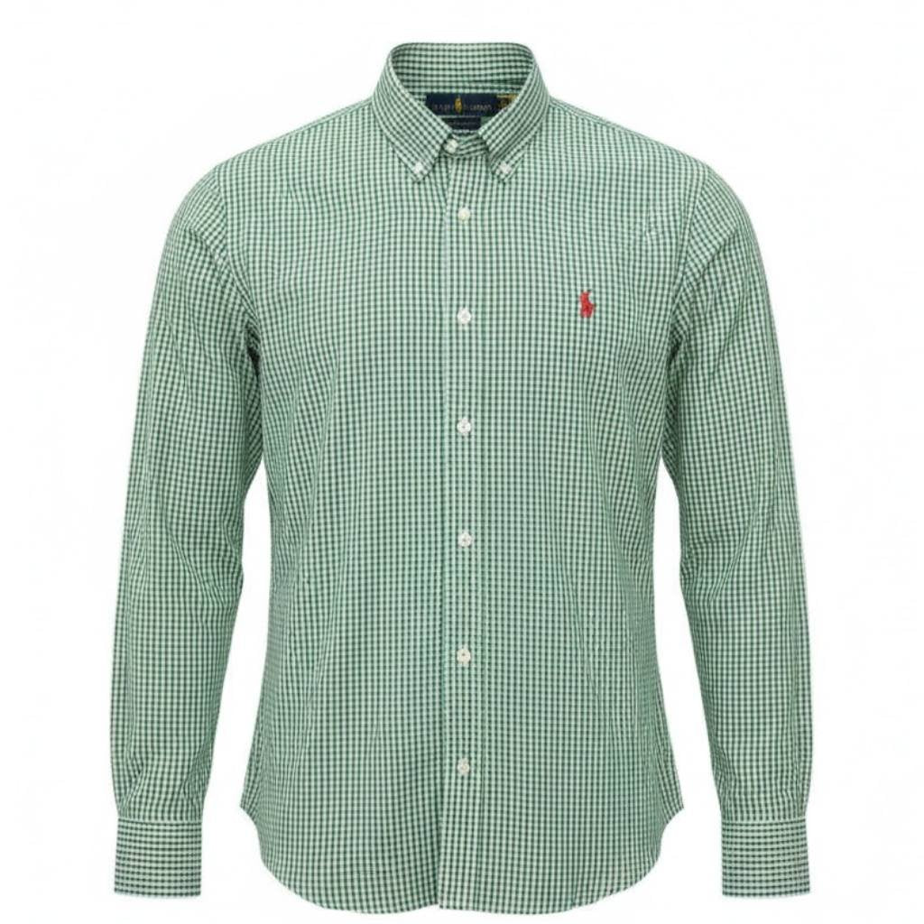Camisa Ralph Lauren Masculina Micro Xadrez Verde Pony Vermelho