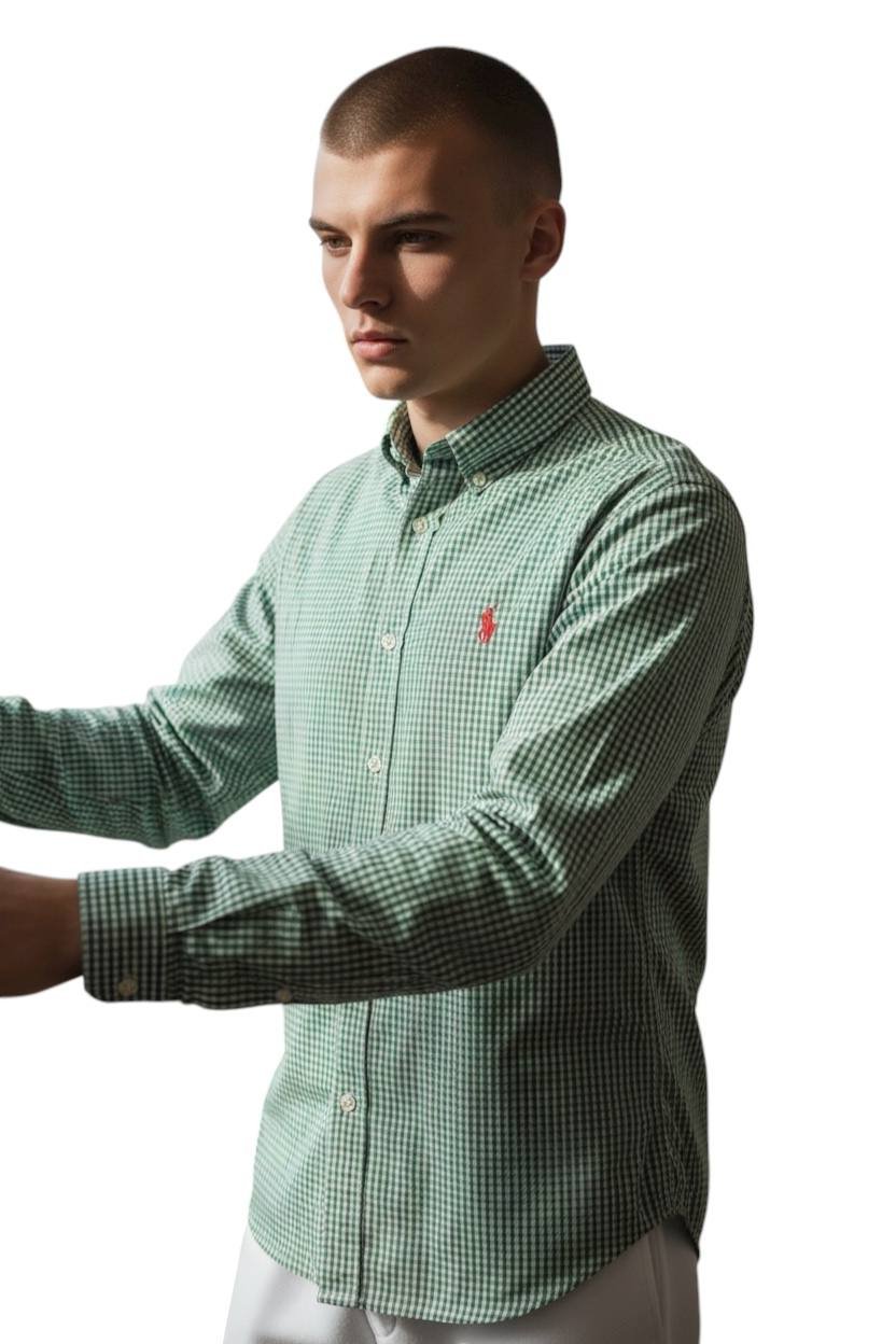 Camisa Ralph Lauren Masculina Micro Xadrez Verde Pony Vermelho