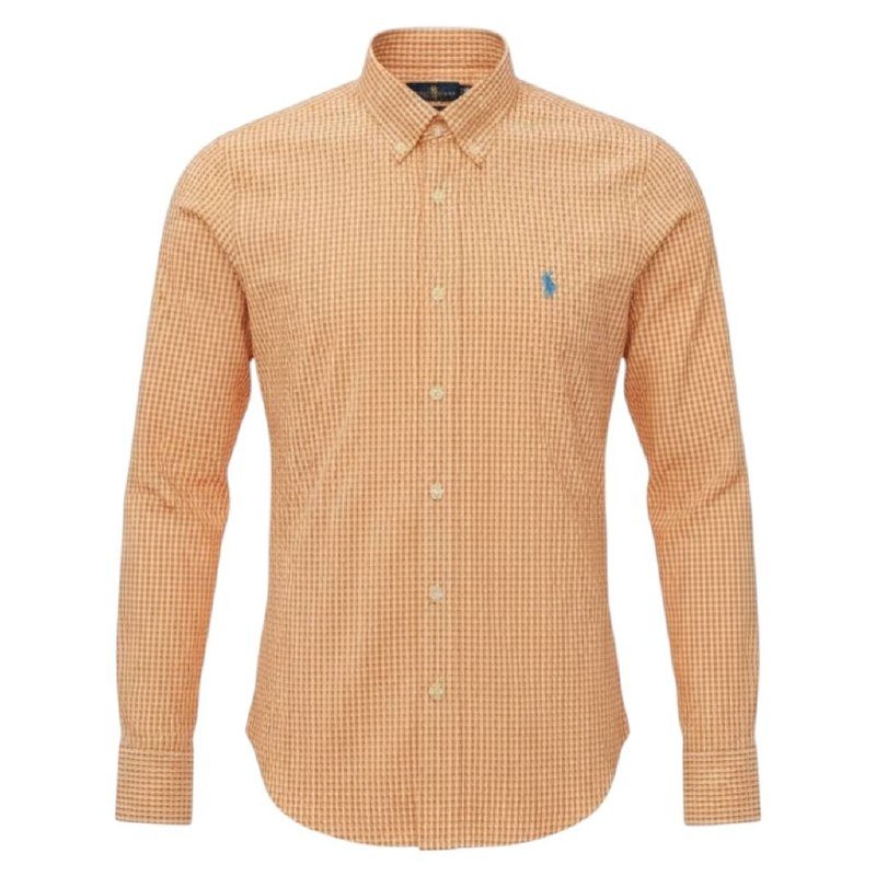 Camisa Ralph Lauren Masculina Micro Xadrez Laranja Pony Azul Celeste